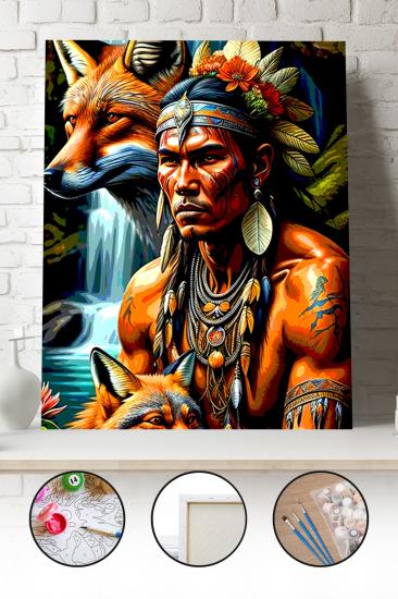 Sayılarla Boyama Seti 40x50 - 50x65 cm Tuval Hobi Boyama Tablosu - Kızılderili Savaşçı Kadın