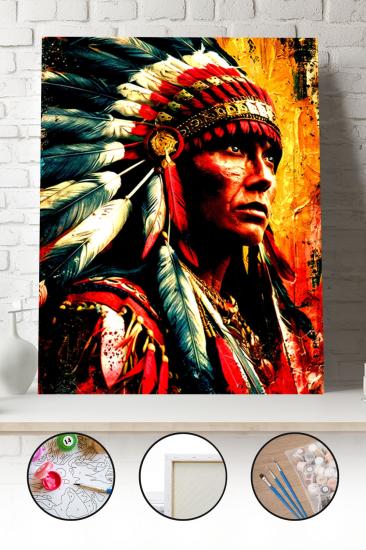 Sayılarla Boyama Seti 40x50 - 50x65 cm Tuval Hobi Boyama Tablosu - Kızılderili Şef