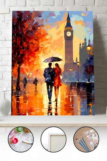 Sayılarla Boyama Seti 40x50 - 50x65 cm Tuval Hobi Boyama Tablosu - Londra Sokaklarında Aşıklar