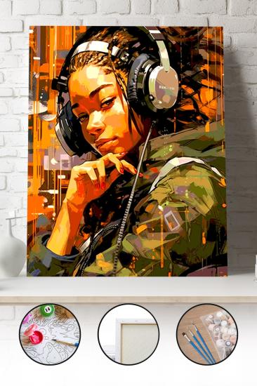 Sayılarla Boyama Seti 40x50 - 50x65 cm Tuval Hobi Boyama Tablosu - Müzik Dinleyen Kadın