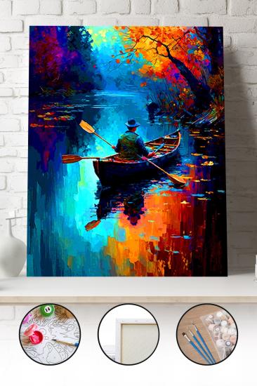 Sayılarla Boyama Seti 40x50 - 50x65 cm Tuval Hobi Boyama Tablosu - Nehirde Ev Manzarası