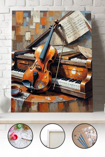 Sayılarla Boyama Seti 40x50 - 50x65 cm Tuval Hobi Boyama Tablosu - Piyano ve Keman