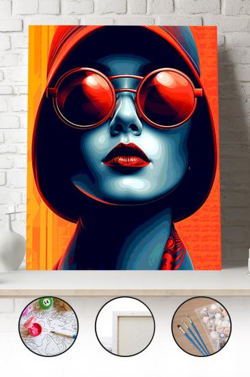 Sayılarla Boyama Seti 40x50 - 50x65 cm Tuval Hobi Boyama Tablosu - Pop Art Gözlüklü Kadın