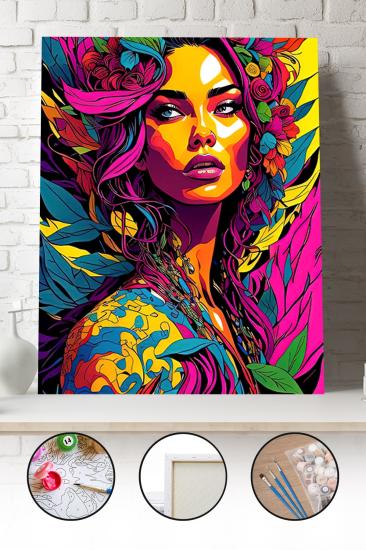 Sayılarla Boyama Seti 40x50 - 50x65 cm Tuval Hobi Boyama Tablosu - Pop Art Kadın Model