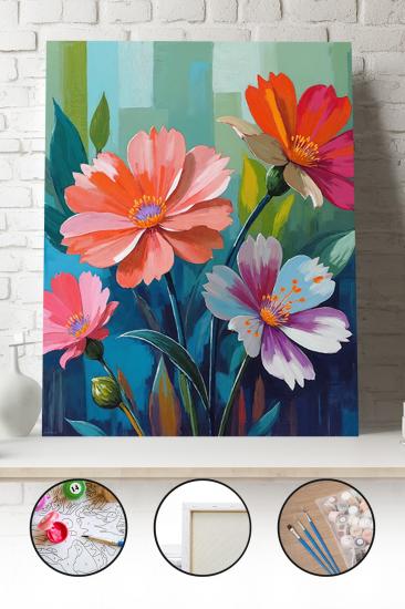 Sayılarla Boyama Seti 40x50 - 50x65 cm Tuval Hobi Boyama Tablosu - Renkli Bahar Çiçekleri