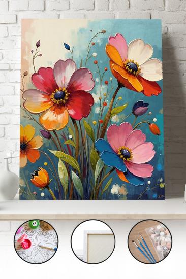 Sayılarla Boyama Seti 40x50 - 50x65 cm Tuval Hobi Boyama Tablosu - Renkli Bahar Çiçekleri 02