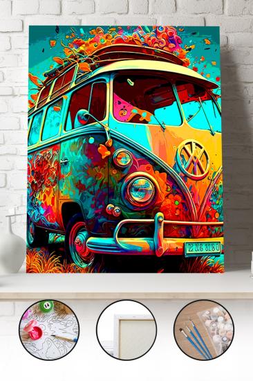 Sayılarla Boyama Seti 40x50 - 50x65 cm Tuval Hobi Boyama Tablosu - Renkli Hippie Van