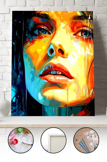 Sayılarla Boyama Seti 40x50 - 50x65 cm Tuval Hobi Boyama Tablosu - Renkli Kadın Portresi 05