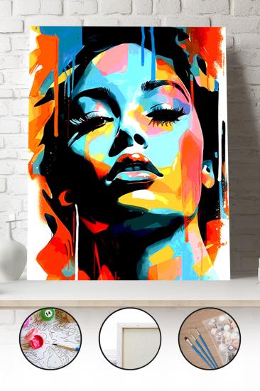 Sayılarla Boyama Seti 40x50 - 50x65 cm Tuval Hobi Boyama Tablosu - Renkli Kadın Portresi 06