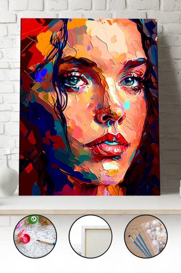 Sayılarla Boyama Seti 40x50 - 50x65 cm Tuval Hobi Boyama Tablosu - Renkli Kadın Portresi 07