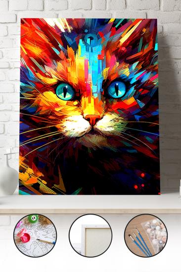 Sayılarla Boyama Seti 40x50 - 50x65 cm Tuval Hobi Boyama Tablosu - Renkli Kedi 02