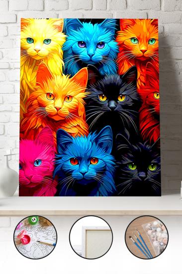 Sayılarla Boyama Seti 40x50 - 50x65 cm Tuval Hobi Boyama Tablosu - Renkli Kediler