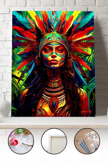 Sayılarla Boyama Seti 40x50 - 50x65 cm Tuval Hobi Boyama Tablosu - Renkli Kızılderili Kadın