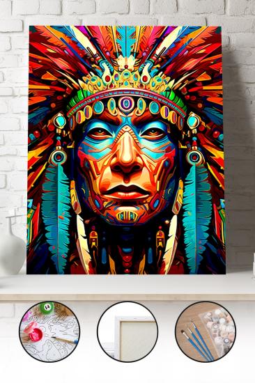 Sayılarla Boyama Seti 40x50 - 50x65 cm Tuval Hobi Boyama Tablosu - Renkli Kızılderili Şef