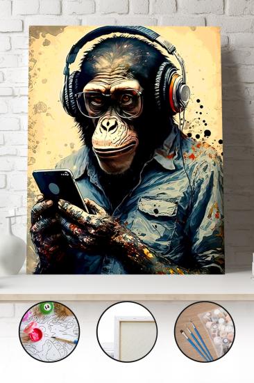 Sayılarla Boyama Seti 40x50 - 50x65 cm Tuval Hobi Boyama Tablosu - Renkli Maymun