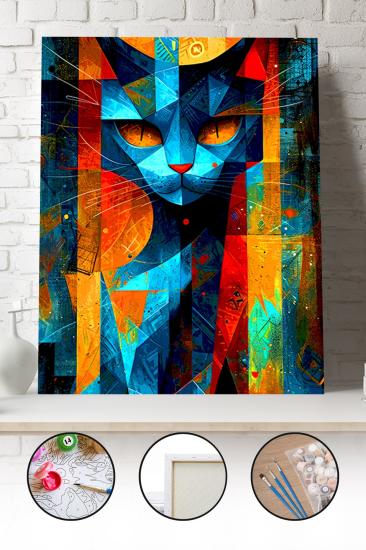 Sayılarla Boyama Seti 40x50 - 50x65 cm Tuval Hobi Boyama Tablosu - Renkli Soyut Kedi