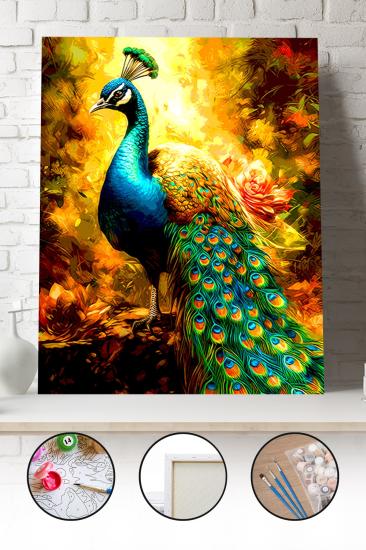 Sayılarla Boyama Seti 40x50 - 50x65 cm Tuval Hobi Boyama Tablosu - Renkli Tavus kuşu