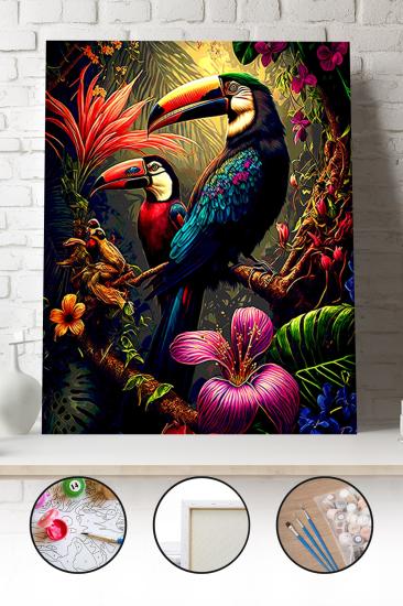 Sayılarla Boyama Seti 40x50 - 50x65 cm Tuval Hobi Boyama Tablosu - Renkli Tukan Kuşu