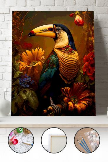 Sayılarla Boyama Seti 40x50 - 50x65 cm Tuval Hobi Boyama Tablosu - Renkli Tukan Kuşu 02