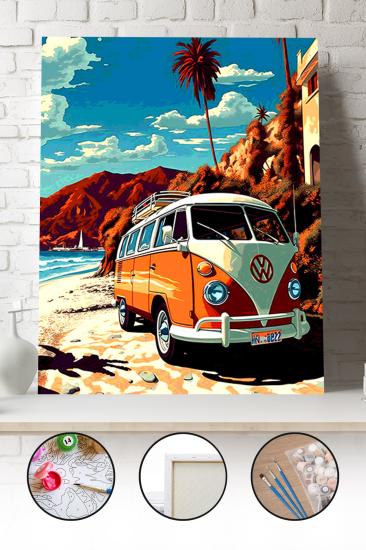 Sayılarla Boyama Seti 40x50 - 50x65 cm Tuval Hobi Boyama Tablosu - Sahildeki Hippie Van