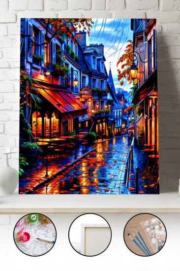 Sayılarla Boyama Seti 40x50 - 50x65 cm Tuval Hobi Boyama Tablosu - Sokak Manzarası