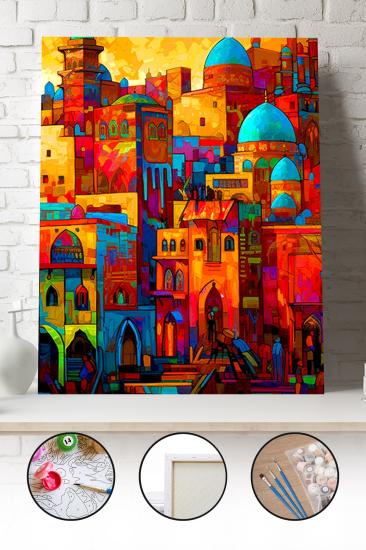 Sayılarla Boyama Seti 40x50 - 50x65 cm Tuval Hobi Boyama Tablosu - Soyut Şehir Gece Manzarası