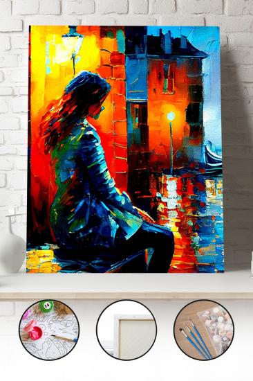 Sayılarla Boyama Seti 40x50 - 50x65 cm Tuval Hobi Boyama Tablosu - Soyut Sokaktaki Kadın