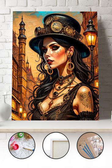 Sayılarla Boyama Seti 40x50 - 50x65 cm Tuval Hobi Boyama Tablosu - Steampunk Kadın Portresi