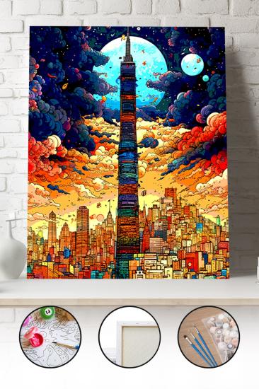 Sayılarla Boyama Seti 40x50 - 50x65 cm Tuval Hobi Boyama Tablosu - Taipei Şehir Manzarası
