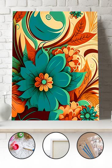 Sayılarla Boyama Seti 40x50 - 50x65 cm Tuval Hobi Boyama Tablosu - Turkuaz Çiçek