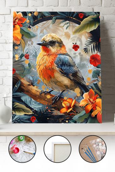 Sayılarla Boyama Seti 40x50 - 50x65 cm Tuval Hobi Boyama Tablosu - Turuncu Çiçekli Kuş