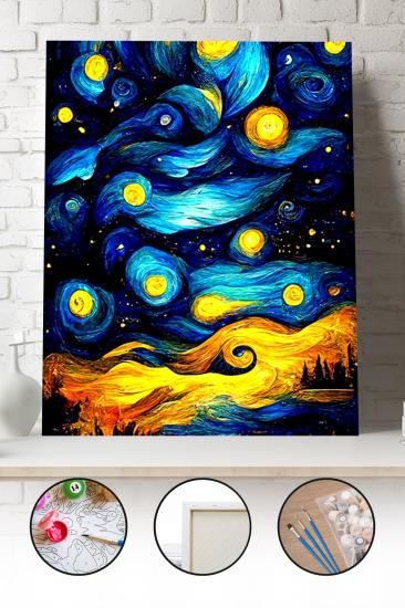 Sayılarla Boyama Seti 40x50 - 50x65 cm Tuval Hobi Boyama Tablosu - Van Gogh Tarzı Gökyüzü