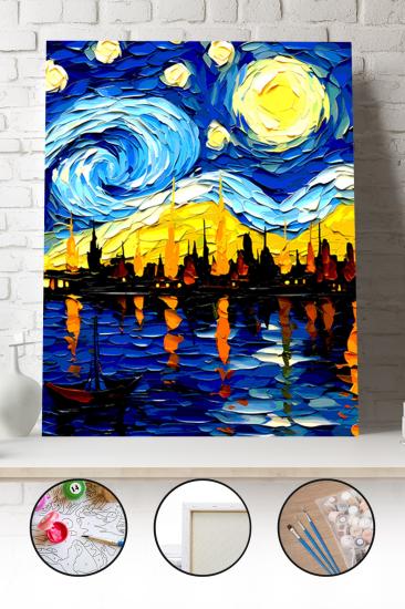 Sayılarla Boyama Seti 40x50 - 50x65 cm Tuval Hobi Boyama Tablosu - Van Gogh Tarzı Şehir Manzarası