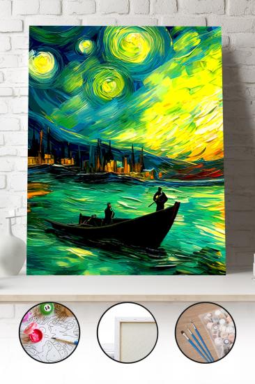 Sayılarla Boyama Seti 40x50 - 50x65 cm Tuval Hobi Boyama Tablosu - Van Gogh Tarzı Tekne Manzarası