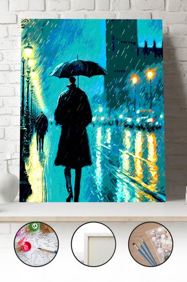 Sayılarla Boyama Seti 40x50 - 50x65 cm Tuval Hobi Boyama Tablosu - Yağmurda Yürüyen Adam