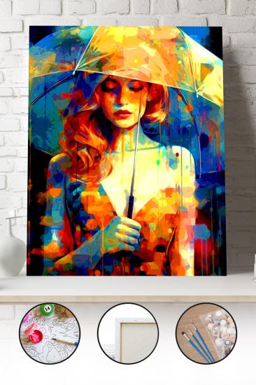 Sayılarla Boyama Seti 40x50 - 50x65 cm Tuval Hobi Boyama Tablosu - Yağmurda Yürüyen Kadın