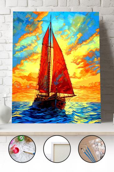 Sayılarla Boyama Seti 40x50 - 50x65 cm Tuval Hobi Boyama Tablosu - Yelkenli Tekne Manzarası 04