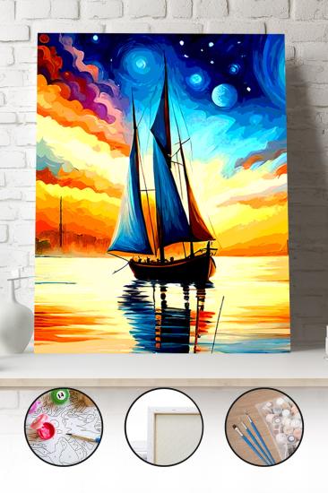 Sayılarla Boyama Seti 40x50 - 50x65 cm Tuval Hobi Boyama Tablosu - Yelkenli Tekne Manzarası 05