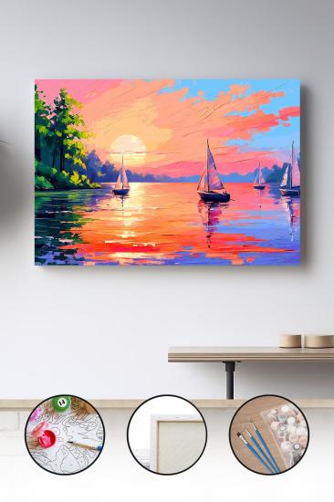Sayılarla Boyama Seti 40x50 - 50x65 cm Tuval Hobi Boyama Tablosu - Yelkenli Tekne Manzarası