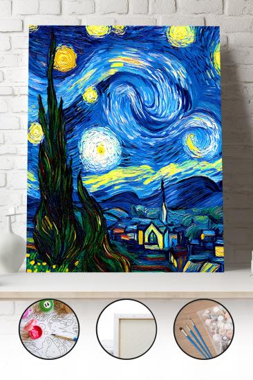 Sayılarla Boyama Seti 40x50 - 50x65 cm Tuval Hobi Boyama Tablosu - Yıldızlı Gece Van Gogh