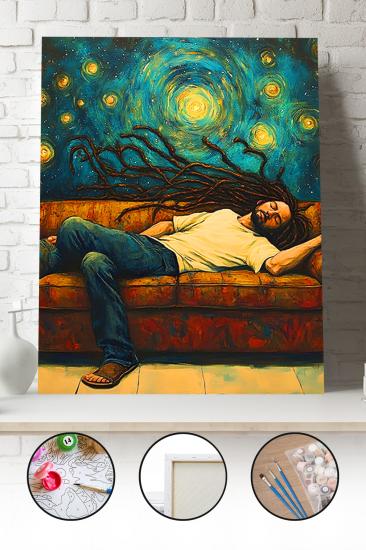 Sayılarla Boyama Seti 40x50 - 50x65 cm Tuval Hobi Boyama Tablosu - Yıldızlı Gecede Dinlenen Adam