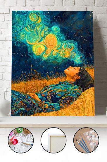 Sayılarla Boyama Seti 40x50 - 50x65 cm Tuval Hobi Boyama Tablosu - Yıldızlı Geceyi Düşünen Kadın