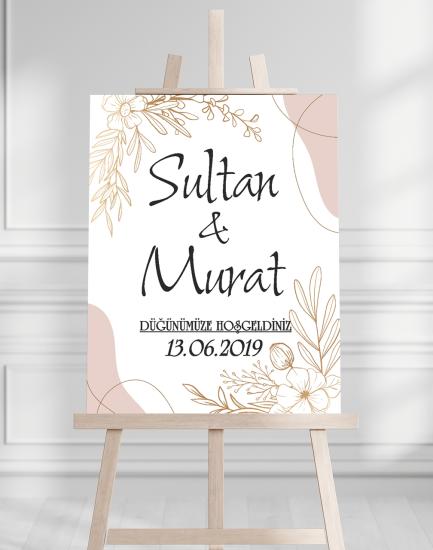 Söz Nişan Düğün İçin 50x70 Karşılama Panosu - Altın Çiçek Desenli 003