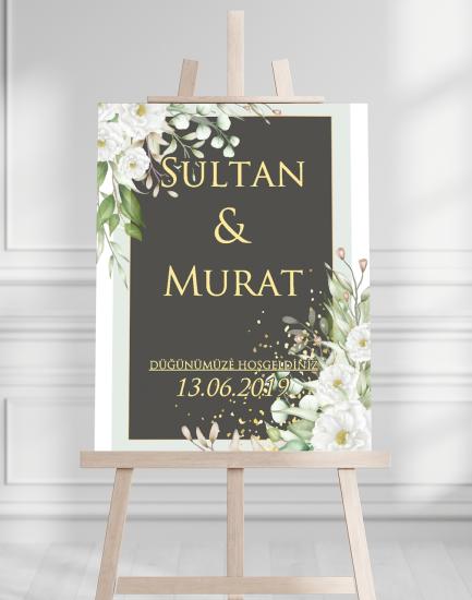 Söz Nişan Düğün İçin 50x70 Karşılama Panosu - Altın Çiçek Tasarımlı 003