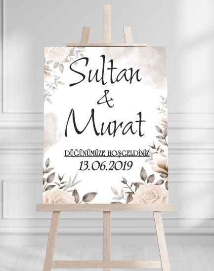 Söz Nişan Düğün İçin 50x70 Karşılama Panosu - Beyaz Çiçek Desenli 003