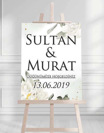 Söz Nişan Düğün İçin 50x70 Karşılama Panosu - Beyaz Çiçek ve Beyaz Tasarımlı