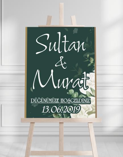 Söz Nişan Düğün İçin 50x70 Karşılama Panosu - Beyaz Çiçek ve Yeşil Tasarımlı