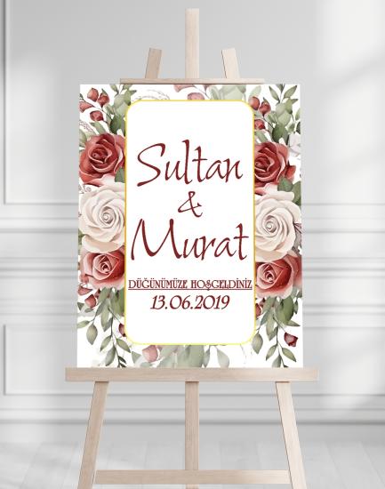Söz Nişan Düğün İçin 50x70 Karşılama Panosu - Çiçek Desenli