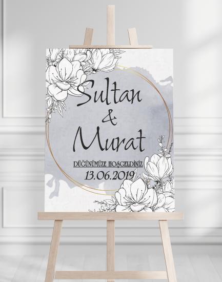 Söz Nişan Düğün İçin 50x70 Karşılama Panosu - Gri Çiçek Desenli 002