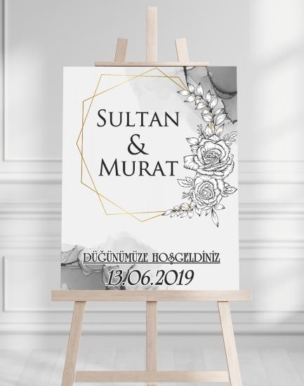 Söz Nişan Düğün İçin 50x70 Karşılama Panosu - Gri Çiçek Desenli
